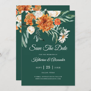 Emerald Green Elegant Floral Orange Photo Wedding Save The Date