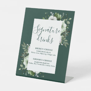 Emerald Green Elegant Floral Signature Drinks Pedestal Sign