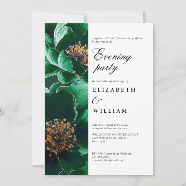 Emerald Green Elegant Floral Wedding Evening Party Invitation (Front)