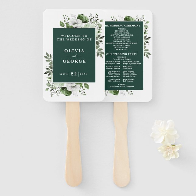 Emerald Green Elegant Floral Wedding Program Hand Fan (Front and Back)