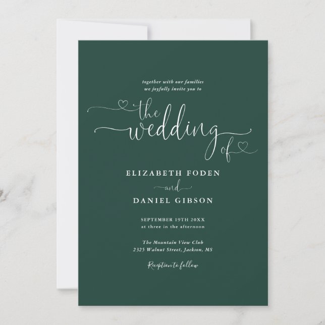 Emerald Green Elegant Hearts Calligraphy Wedding Invitation (Front)