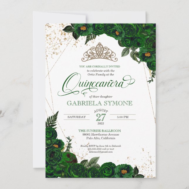 Emerald Green Elegant Roses Mis Quince Quinceanera Invitation (Front)