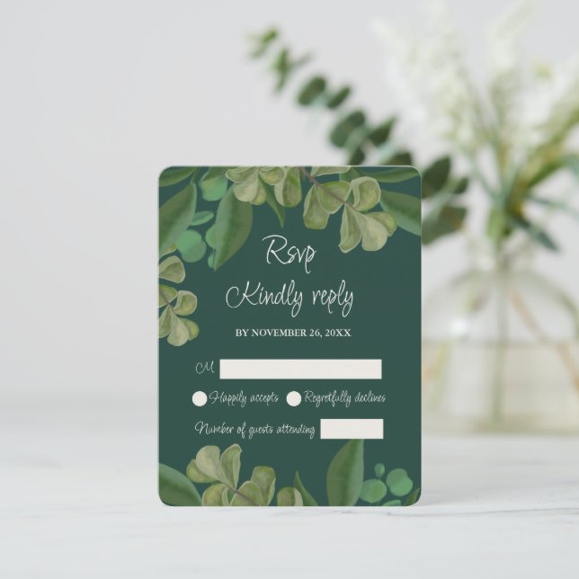 Emerald green Elegant rustic greenery leaves lush RSVP Card (Standing Front)