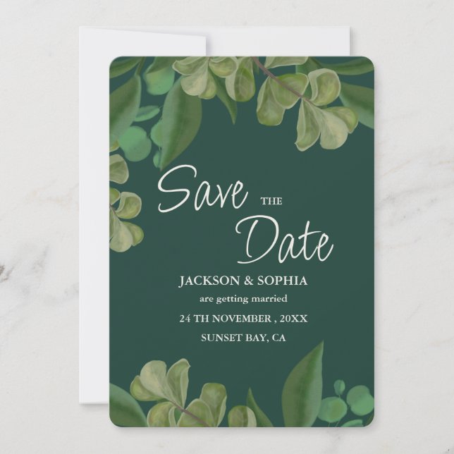 Emerald green Elegant rustic greenery leaves lush Save The Date (Front)