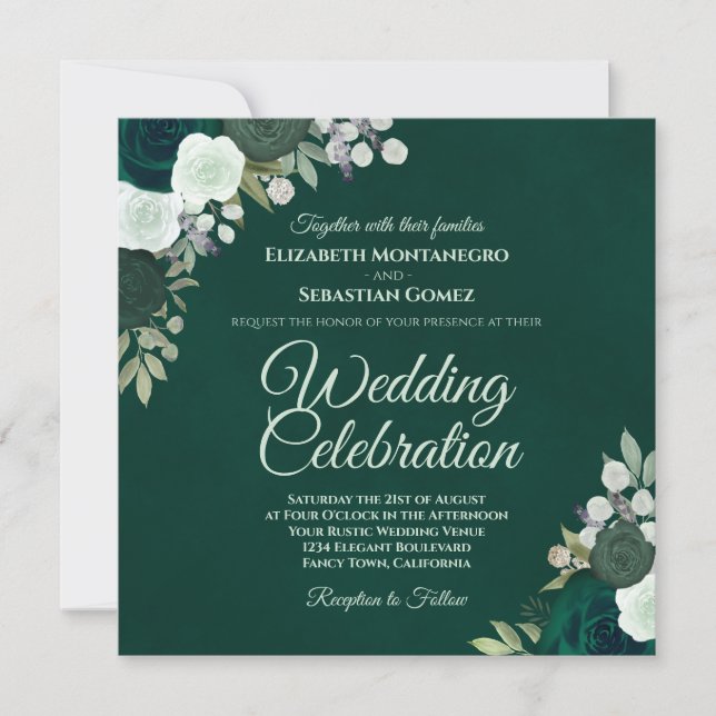 Emerald Green Elegant Watercolor Roses Wedding Invitation (Front)