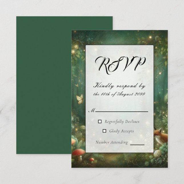 Emerald Green Enchanted Forest Wedding RSVP Card (Front/Back)