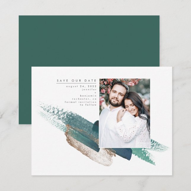 Emerald Green et Gold Modern Save the Date Photo (Devant / Derrière)