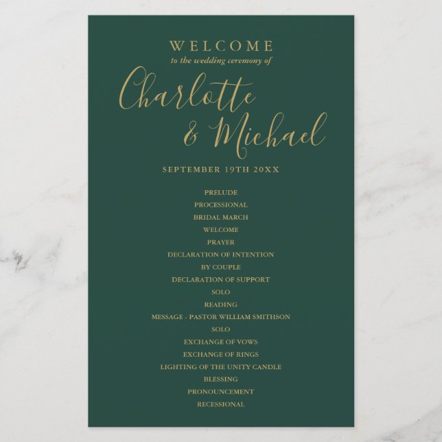 Emerald Green Et Gold Script Wedding Programme (Devant)