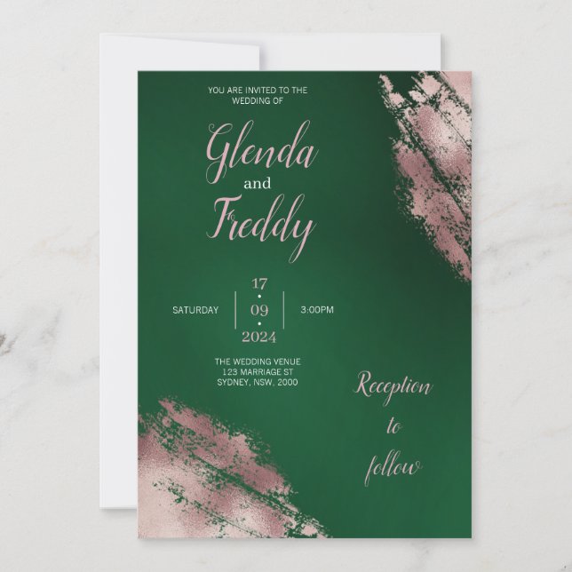 Emerald Green et Rose Gold Faire-part de mariage (Devant)