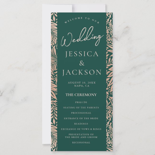 Emerald Green et Rose Gold Wedding Programme (Devant)