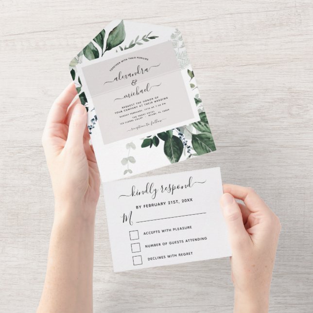 Emerald Green Eucalyptus Greenery Wedding RSVP All In One Invitation (Tearaway)