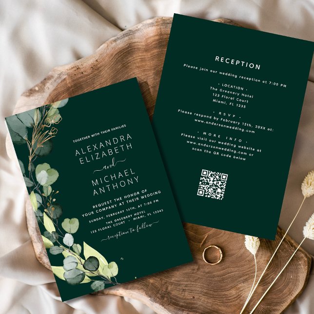 Emerald Green Eucalyptus QR Code Wedding Invitation (Creator Uploaded)