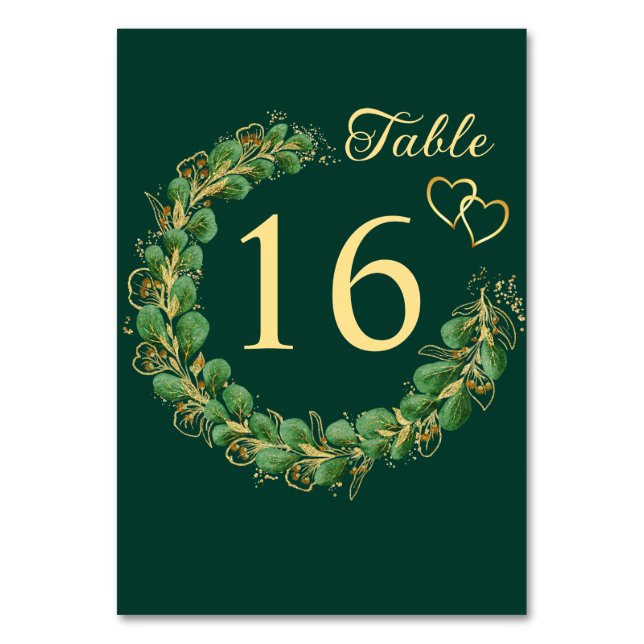 Emerald Green Eucalyptus Wreath Jewel Tone Wedding Table Number (Front)