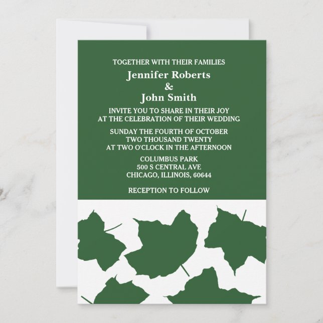 Emerald Green Fall Leaf White Boho Trendy Wedding Invitation (Front)