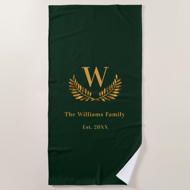 Emerald green family monogram laurels beach towel (Front)