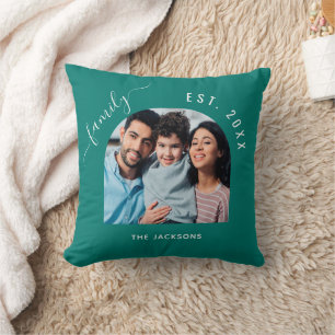 Emerald green family photo name year throw pillow