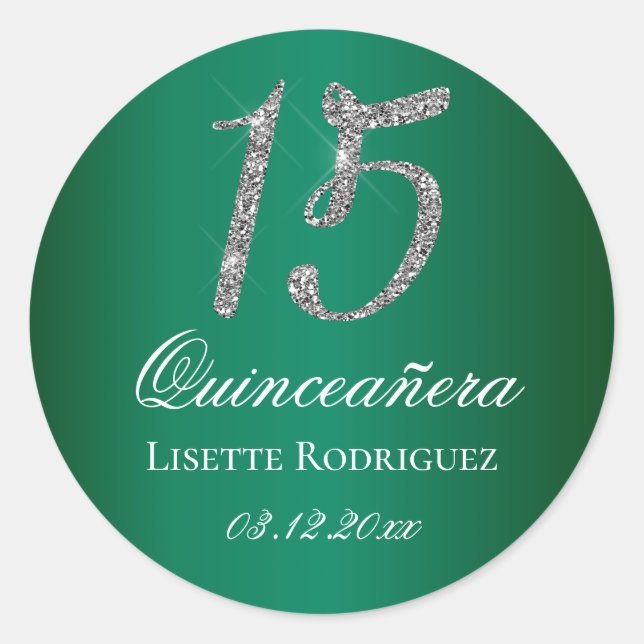 Emerald Green Faux Glitter 15 Quinceanera Classic Round Sticker (Front)
