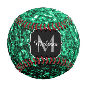 Emerald green faux glitter sparkle Monogram name Baseball