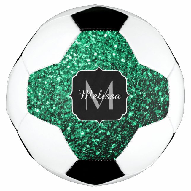 Emerald green faux glitter sparkle Monogram name Soccer Ball (Front)