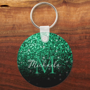 Emerald Green faux glitter sparkles bling Monogram Keychain