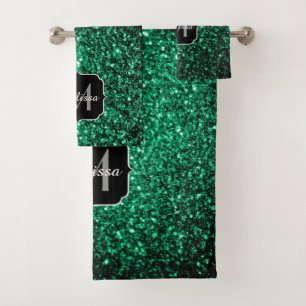 Emerald Green faux glitter sparkles Monogram Bath Towel Set