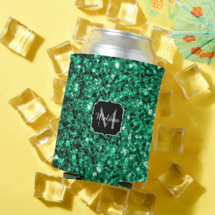 Emerald Green faux glitter sparkles Monogram Can Cooler