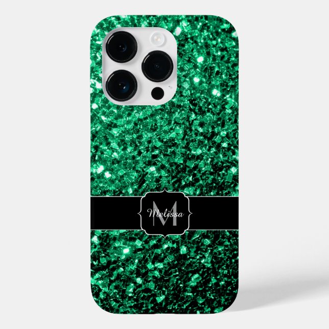 Emerald Green faux glitter sparkles Monogram Case-Mate iPhone Case (Back)