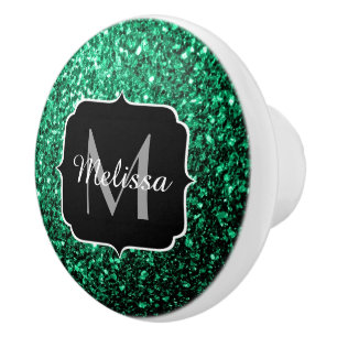 Emerald Green faux glitter sparkles Monogram Ceramic Knob
