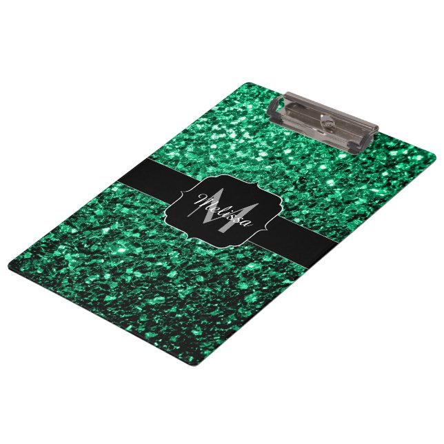 Emerald Green faux glitter sparkles Monogram Clipboard (Angled)