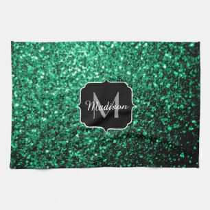 Emerald Green faux glitter sparkles Monogram Kitchen Towel