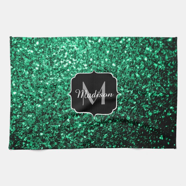 Emerald Green faux glitter sparkles Monogram Kitchen Towel (Horizontal)