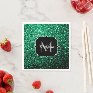 Emerald Green faux glitter sparkles Monogram Napkin