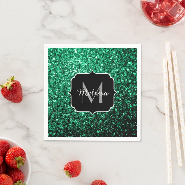 Emerald Green faux glitter sparkles Monogram Napkin (Insitu)