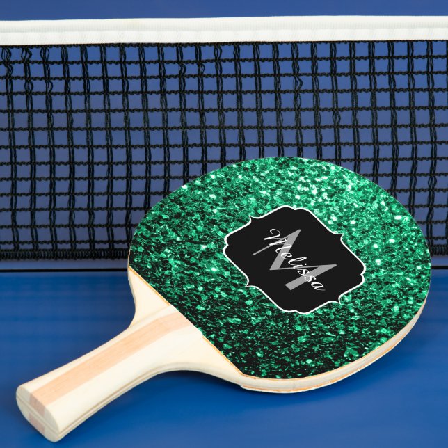 Emerald Green faux glitter sparkles Monogram Ping Pong Paddle (Insitu)