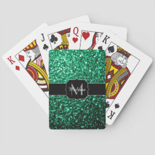 Emerald Green faux glitter sparkles Monogram Playing Cards
