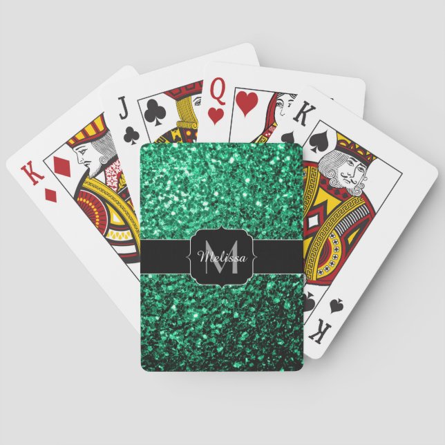 Emerald Green faux glitter sparkles Monogram Playing Cards (Back)