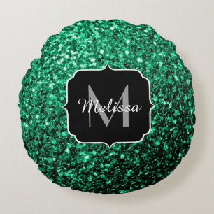 Emerald Green faux glitter sparkles Monogram Round Pillow