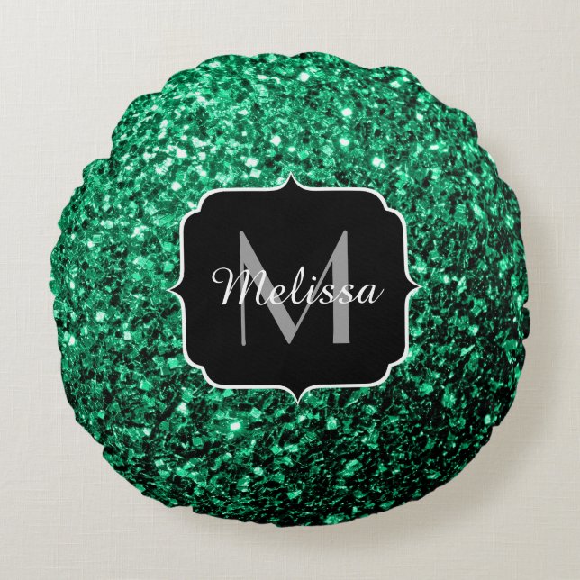 Emerald Green faux glitter sparkles Monogram Round Pillow (Front)