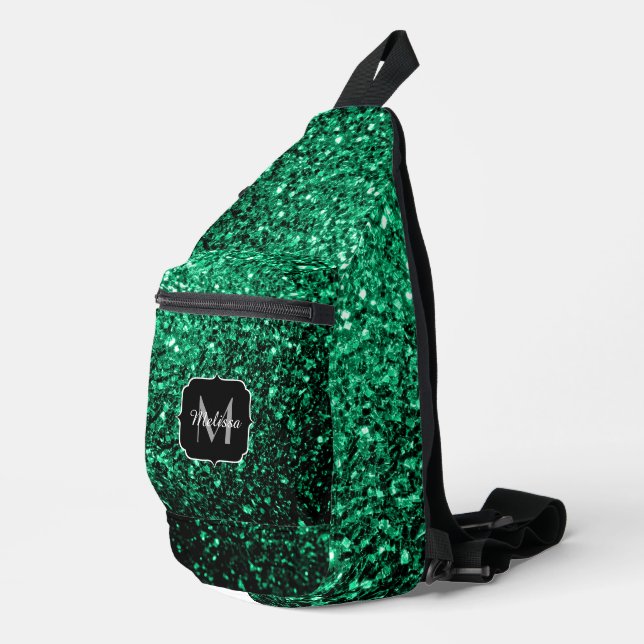 Emerald green faux glitter sparkles Monogram Sling Bag (Right Corner)
