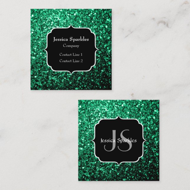 Emerald Green faux glitter sparkles Monogram Square Business Card (Front/Back)