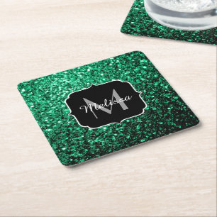 Emerald Green faux glitter sparkles Monogram Square Paper Coaster