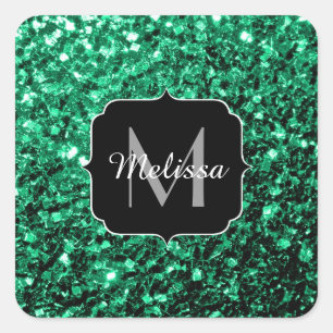 Emerald Green faux glitter sparkles Monogram Square Sticker