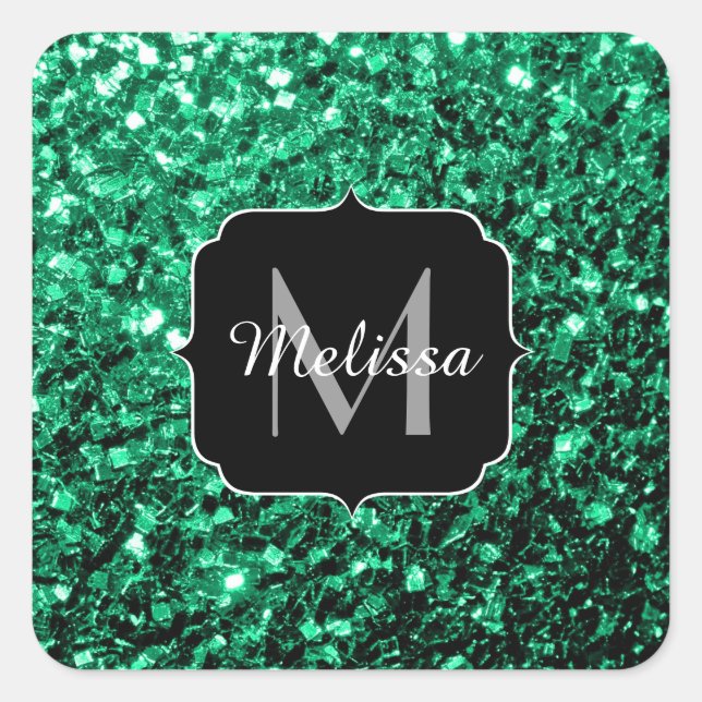 Emerald Green faux glitter sparkles Monogram Square Sticker (Front)