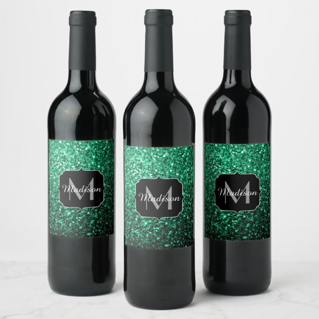 Emerald Green faux glitter sparkles Monogram Wine Label (Bottles)