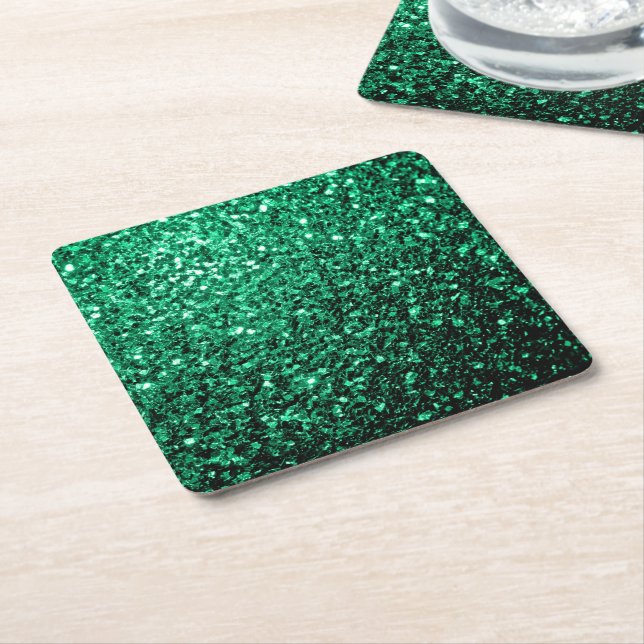 Emerald Green faux glitter sparkles Square Paper Coaster (Angled)