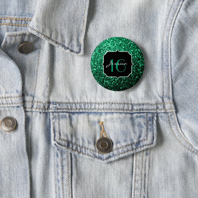 Emerald Green faux glitter sparkles Sweet 16 2 Inch Round Button (In Situ)