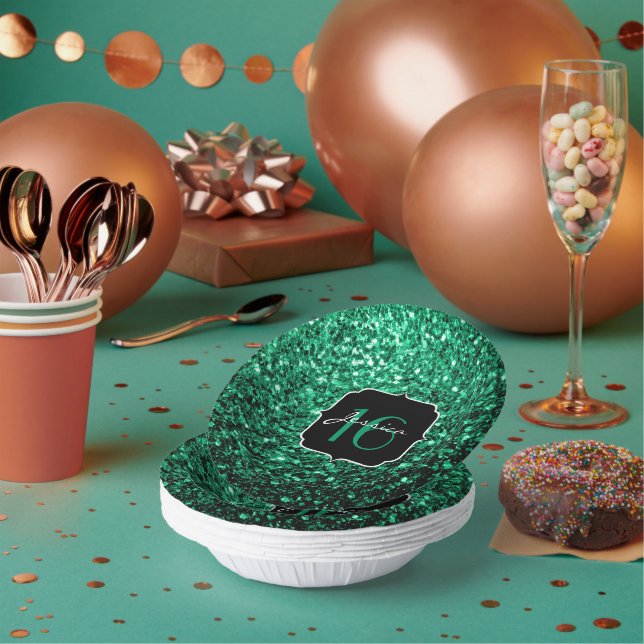 Emerald Green faux glitter sparkles Sweet 16 Paper Plate (Multi)