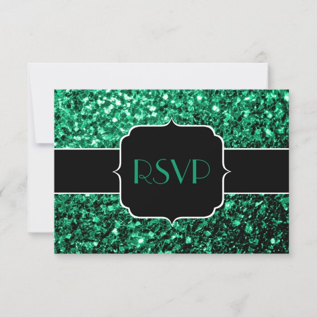 Emerald Green faux glitter sparkles Sweet 16 RSVP Card (Front)
