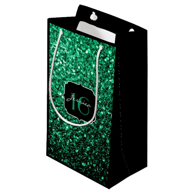 Emerald Green faux glitter sparkles Sweet 16 Small Gift Bag (Front Angled)