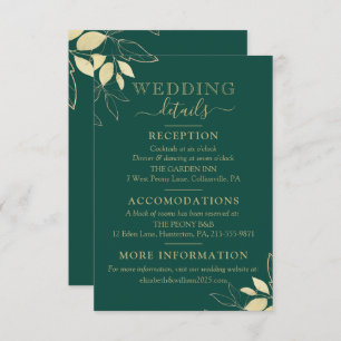 Emerald Green & Faux Gold Foliage Modern Wedding Enclosure Card